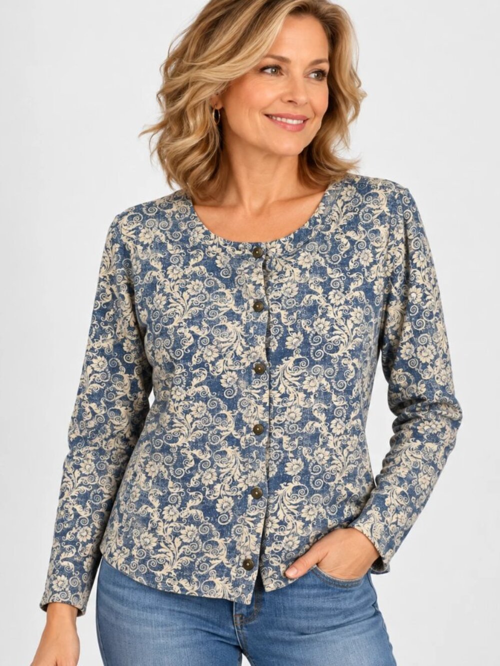 Vintage 90s Shenanigans Floral Blouse Blue Cream Cottagecore Granny Chic M